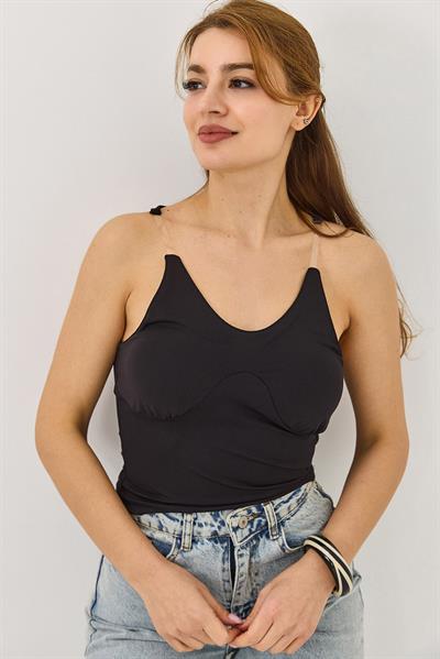 Kadın Göğsü Dolgulu Askılı Crop Bluz Siyah