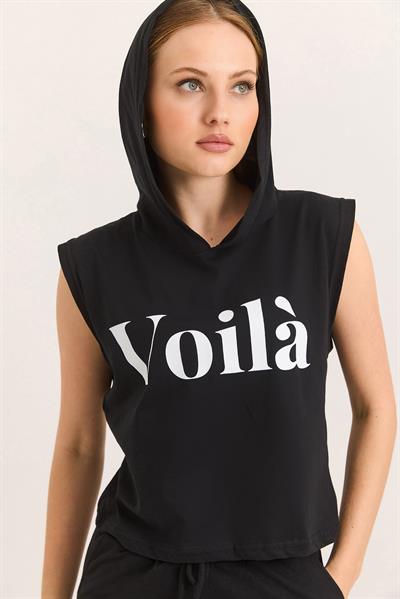 Kapüşonlu Sıfır Kol Baskılı Tshirt Siyah
