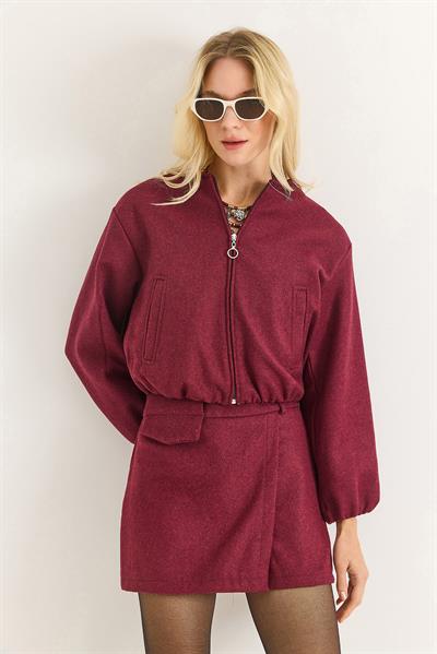 Kadın Bomber Cepli Fermuarlı Ceket Bordo