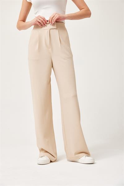 Beli Cırtlı Rahat Palazzo Pantolon Krem