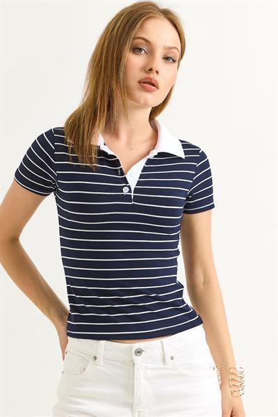 Polo Yaka Çizgi Desenli Kadın Tshirt Lacivert