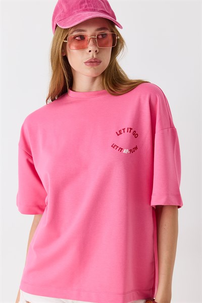 Kadın Bisiklet Yaka Yazı Baskılı Kısa Kollu Tshirt Pembe