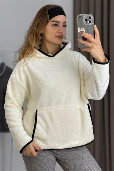Kadın Kapüşonlu Şerit Detaylı Welsoft Ekru Sweatshirt