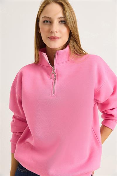 Kadın Yaka Fermuarlı 2 İplik Sweatshirt Pembe