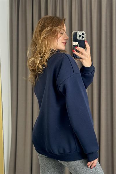 Nyc Nakışlı Fermuar Detaylı Dik Yaka Oversize Sweatshirt Lacivert
