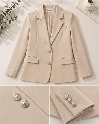 Kadın Oversize Düğmeli Blazer Ceket Bej