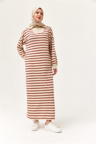 Yarım Fermuar Çizgili Uzun Elbise Bordo