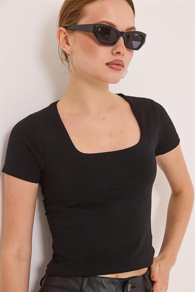 Kare Yaka Esnek Pamuk Örme Bluz Siyah