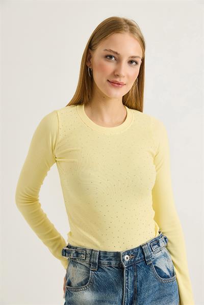 Kadın Ottoman Bisiklet Yaka Taşlı Bluz Sarı