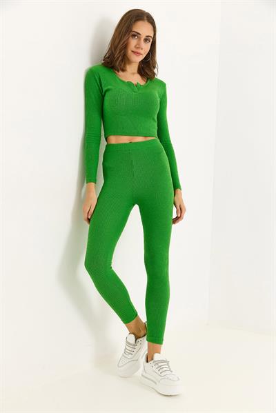 Kadın Esnek Tayt Crop Takım Yeşil