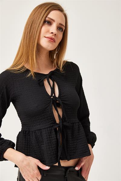 Bağlama Detaylı Esnek Örme Bluz Siyah