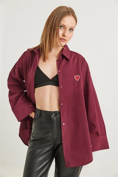 Kalp Nakışlı  Oversize Basic Gömlek Bordo