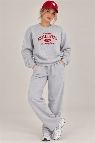 Kadın Yazı Nakışlı Bisiklet Yaka Şardonlu Sweatshirt Gri
