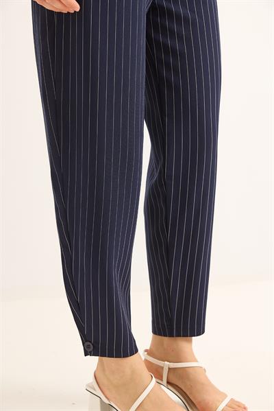 Kemeri Çift Düğmeli Çizgili Palazzo Pantolon Lacivert