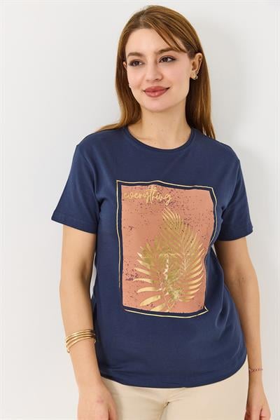 Kadın Palmiye Parlak Baskılı Tshirt Lacivert
