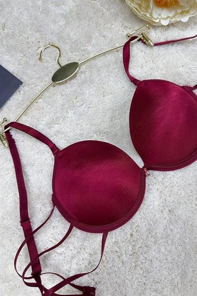 Kadın Destekli Push-up Taşlı Biyeli Micro Sütyen Bordo