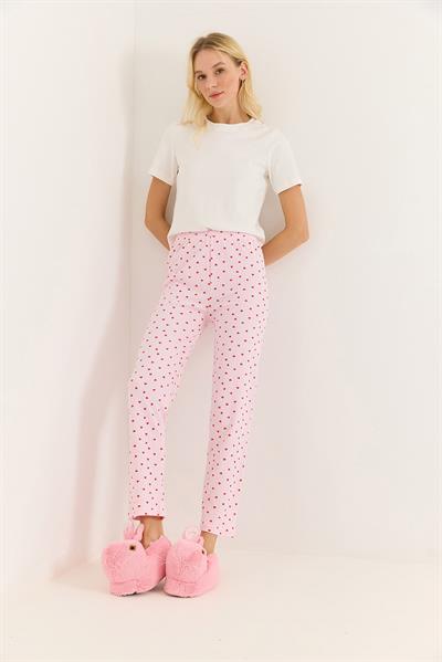 Kadın Renkli Kalp Detaylı İnterlok Pamuk Pijama Altı Pembe