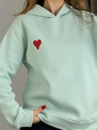 Üç İplik Mavi Kalp Nakışlı Şardonlu Kangru Cepli Kapişonlu Sweat
