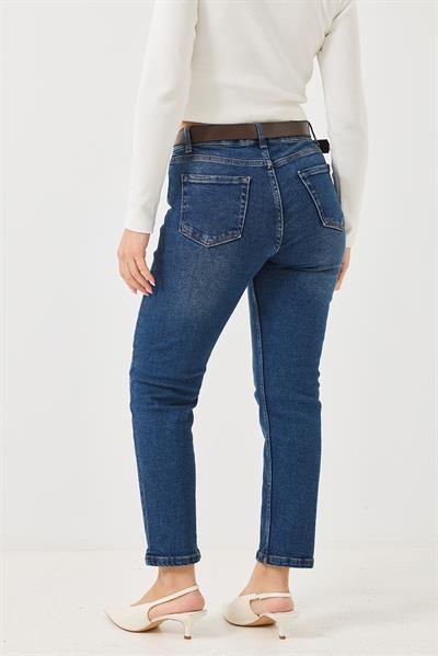 Kadın Mom Kemerli Kot Pantolon  Lacivert