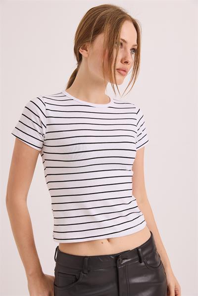 Kısa Kol Likralı Kompak Çizgili Tshirt Beyaz