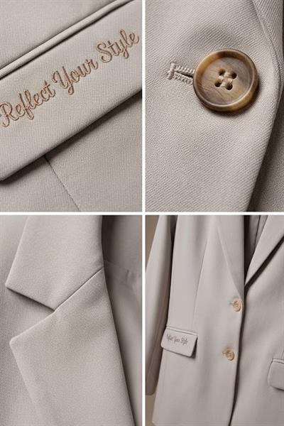 Kadın Kruvaze Yaka Cepleri Yazı Detaylı Blazer Ceket Gri 