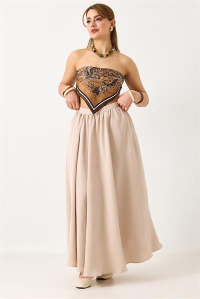 Kadın Yandan Fermuarlı Cepli Uzun Etek Bej 