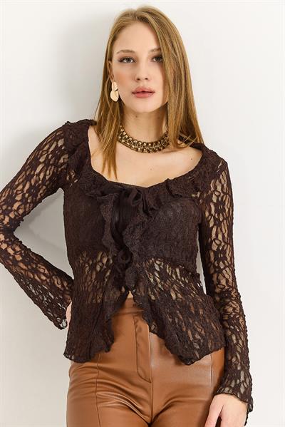 Kadın Uzun Kollu Ön Bağlamalı Dantel Kahverengi Bluz