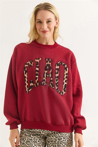 Kadın Üç İplik Leopar Baskılı Sweatshirt Bordo 