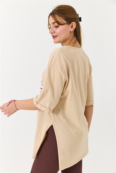 Kadın Garfield Baskılı Yanları Yırtmaçlı Bisiklet Yaka Tshirt Krem