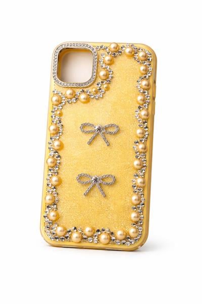 İphone 12 Uyumlu Taş Detaylı Telefon Kılıfı Sarı