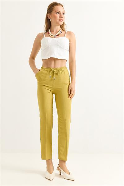 Beli Lastikli Çizgi Desenli Krep Pantolon Sarı