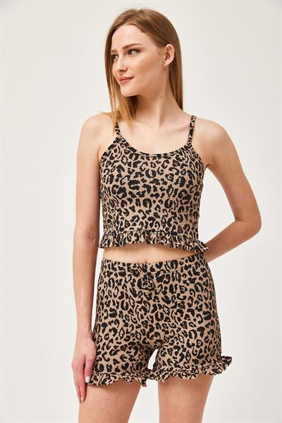 Askılı Fırfırlı Şortlu Takım Leopar