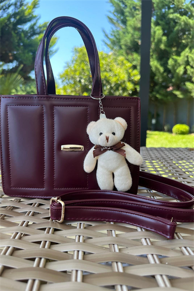 Ayıcık Anahtarlık Hediyeli Mini Boy Deri Şık Çanta Bordo
