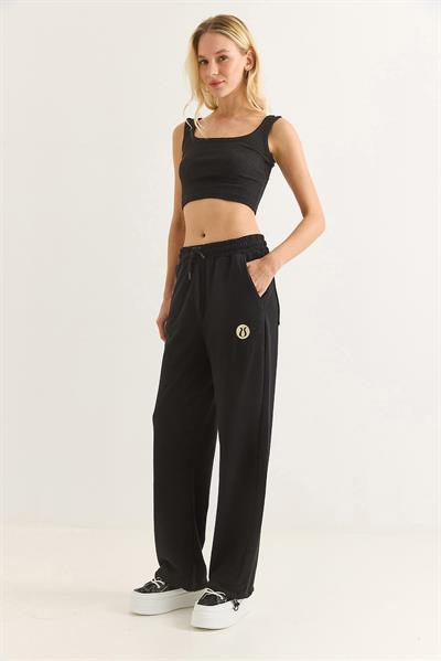 Kadın Paçası Lastıkli Geniş Paça Eşofman Altı Siyah