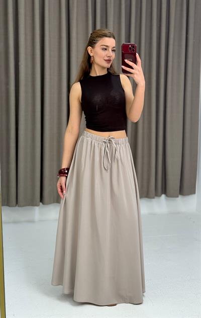 Kadın Beli Lastikli Bağcıklı Uzun Etek Gri