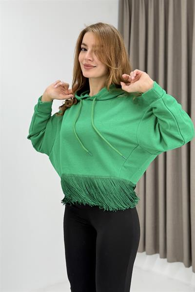 Kadın İp Saçaklı Kapuşonlu Sweatshirt Yeşil