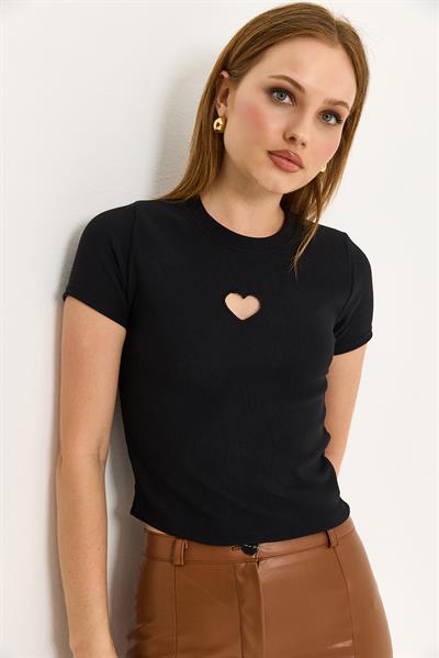 Kalp Detaylı Fitilli Örme Bluz Siyah