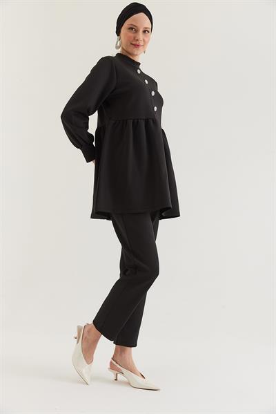 Taş Düğmeli Scuba İkili Takım Siyah