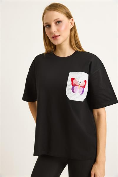 Nakış Detaylı Bisiklet Yada Basic Tshirt Siyah