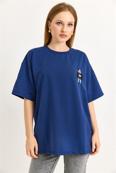 Nakışlı Bisiklet Yaka Tshirt  Lacivert