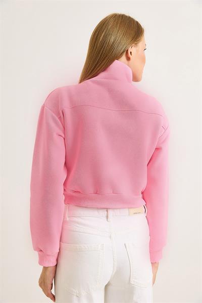 Kadın Yarım Fermuar Dik Yaka Kadın Sweat Pembe