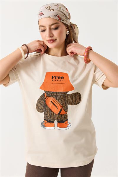 Kadın Baskılı Bisiklet Yaka Kısa Kol Tshirt Krem