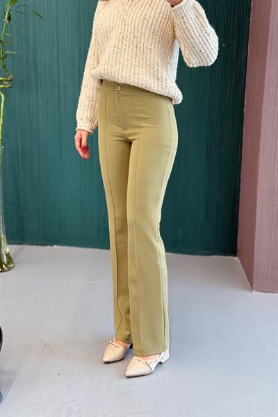 Likralı Krep Örme Kumaşı Yüksek Bel Çımalı  Pantolon Yeşil