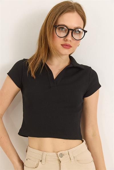 Polo Yaka Basıc Kısa Kollu Örme Kaşkorse Crop Bluz .Siyah