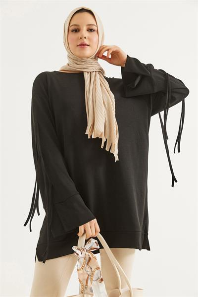 Kolları Bağcık Detaylı Tunik Siyah