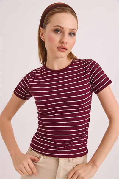 Kısa Kol Likralı Kompak Çizgili Tshirt Bordo