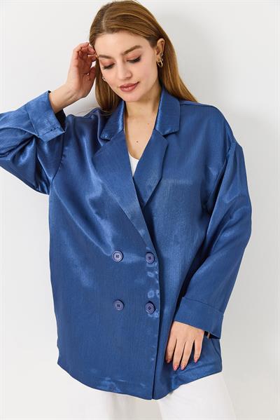 Kadın  Kruvaze Yaka Saten Oversize Blazer Ceket Saks