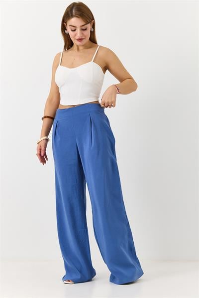 Kadın Beli Lastikli Yandan Fermuarlı Salaş Kesim Mevsimlik Pantolon Mavi