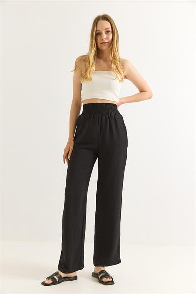Ayrobin Kumaş Bol Paça Beli Lastikli Sİyah Pantalon