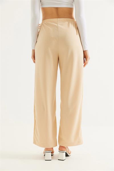 Yanları İp Detaylı Bol Paça Pantolon Bej